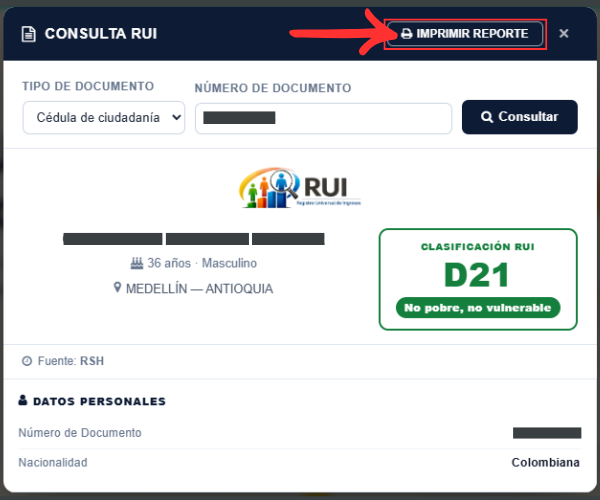 Ubicación del botón Imprimir Reporte señalada con flecha roja en la ventana oficial de Consulta RUI DNP